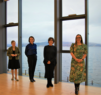 CVS Inverclyde annual conference 2021 at Beacon Arts Centre, Greenock. Pictured, from left, Linda McEnhill, Chair of the CVSI board and CEO of Ardgowan Hospice; Louise Long, CEO of Inverclyde Council; Shereen Nanjiani MBE, broadcaster and host of the conference; Charlene Elliott, CVSI CEO.